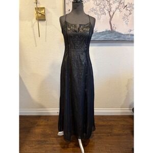 Reggio Vintage Metallic Leopard‎ Print Maxi Dress Beaded Straps Black Gold Sz 4